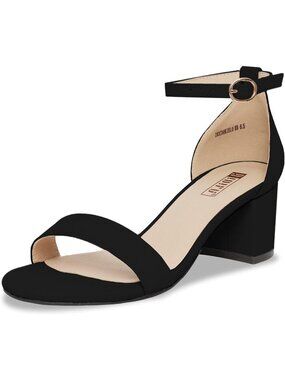 Women's Black Nubuck Low Cookielo Block Chunky Ankle Strap Heeled Sandals